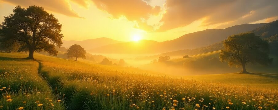 Serene landscape bathed in golden sunlight, conveying a sense of calm and inner peace; perfect for meditation and energy healing imagery , energy work, spiritual journey