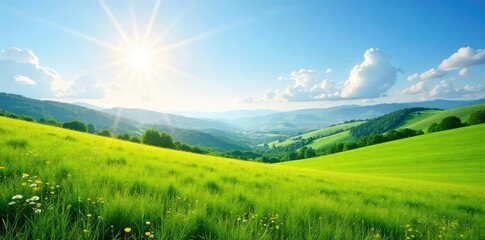 Serene landscape featuring a sun-drenched meadow, rolling hills, and a clear blue sky Perfect for nature-themed projects, travel brochures, or calming backgrounds , field, planet