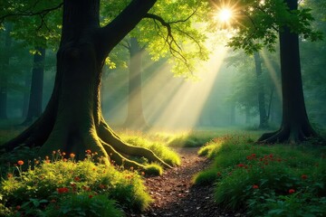 Sunlight dappling through ancient trees, illuminating a vibrant forest floor bursting with life A breathtaking display of nature's artistry and serenity , organic, ecosystem