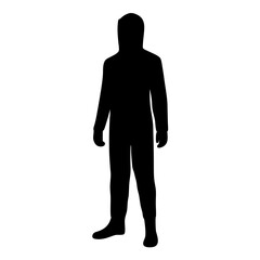 Silhouette of a person wearing protective gear standing straight ahead isolated