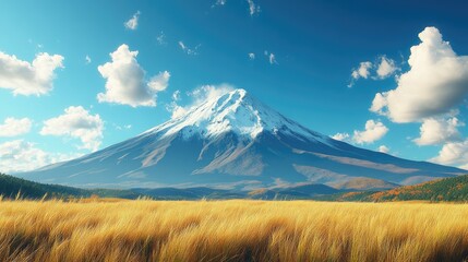 Fototapeta premium Majestic mountain peak dominates a golden field under a vibrant sky.