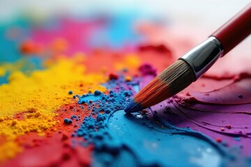Fototapeta premium Close-up of vibrant paintbrushes with colorful paint strokes , paint, yellow