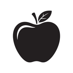 Black apple icon with a single leaf in minimalist style, simple design symbolizing health, freshness, and natural food