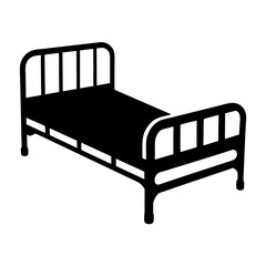 Stylized black silhouette of a single bed with metal frame and slats