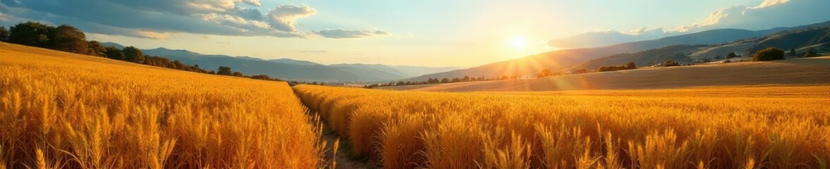 Golden sunlight bathes a bountiful valley floor, overflowing with ripe crops ready for harvest Rolling hills and clear blue skies complete this idyllic autumn scene , barley, agriculture