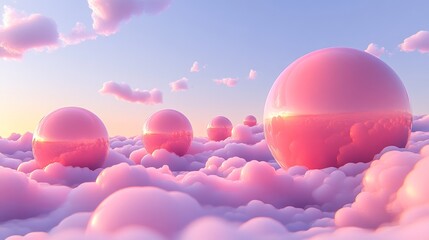 Pink spheres float on fluffy clouds in a dreamy sky.