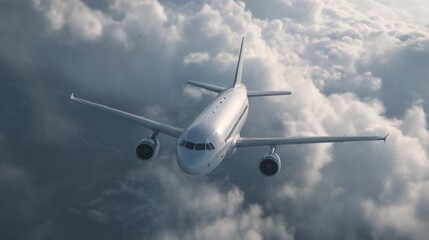 Fototapeta premium A modern airliner is captured in mid-flight, gliding above a sea of clouds with clean lines and motion trails, showcasing a sleek and minimalistic digital art style