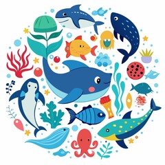 A vibrant circle of colorful underwater creatures