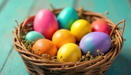 Vibrant dyed Easter eggs in a basket, springtime colors , nature, purple, festive