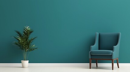 Minimalist Interior with Teal Wall, Armchair, and Potted Plant, Featuring Clean Design and Tranquil Atmosphere in an Elegant, Modern Space.