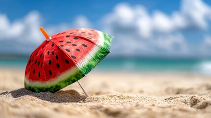 Watermelon umbrella sits on the sandy beach near the blue ocean with puffy white clouds.