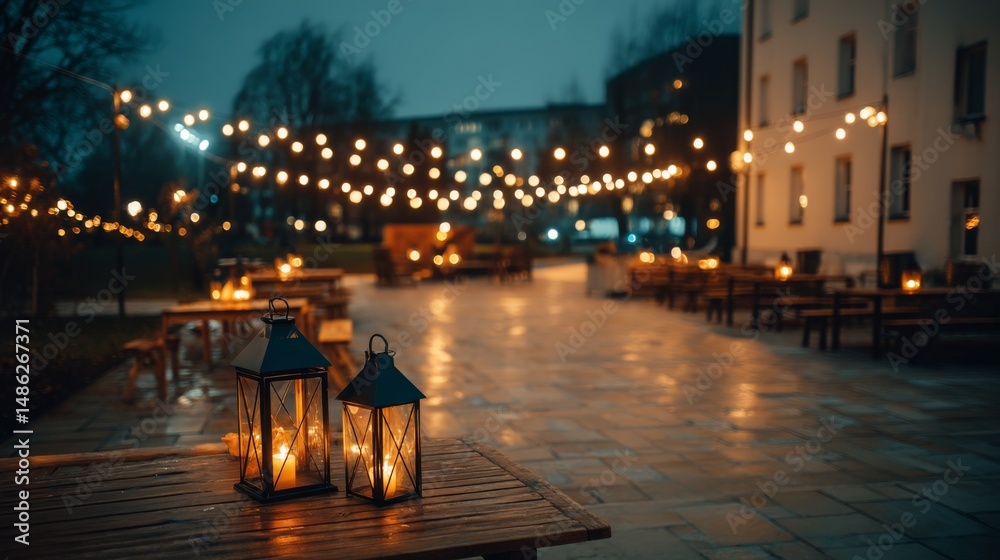 Leinwandbilder warm tones create a festive ambiance as string lights and lanterns illuminate an outdoor gathering s