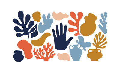 Obraz premium An abstract illustration featuring various figures and organic shapes in shades of blue, orange, and mustard yellow against a white background