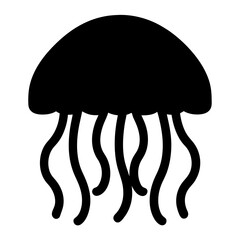 Black silhouette of a jellyfish with tentacles on a white background