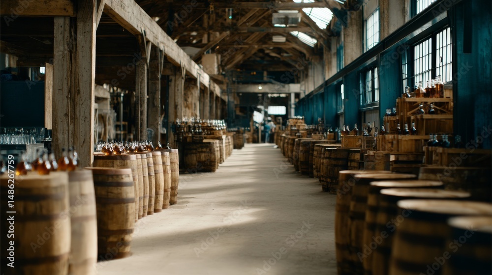 Aufkleber Rows of oak casks age spirits in a rustic distillery, illuminated by warm light filtering through high windows, highlighting artisanal craftsmanship and tradition