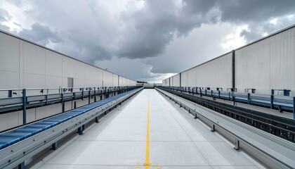Obraz premium Sterile Warehouse Mezzanine with Conveyor Belts Under Stormy Skies