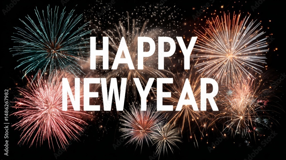 Poster wide view showcasing dynamic fireworks bursting in vibrant colors around glowing happy new year text