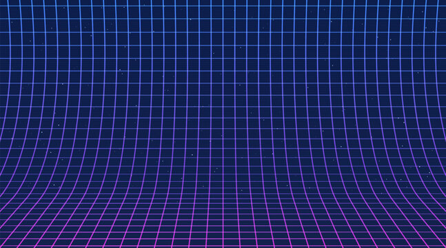 Curved Wireframe Retro Futuristic Grid With Stars. Background in 80s Style. Synthwave, Retrowave, Vaporwave Theme