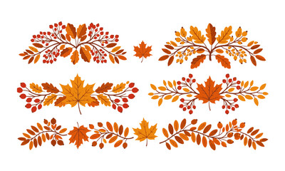 A collection of six vector illustrations featuring decorative borders and individual leaf elements in warm autumn colors, including leaves and berries