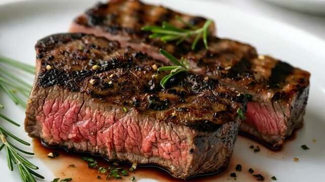 Juicy grilled medium rare beef steaks served with fresh rosemary and seasoning on a white plate with meat juices and herbs.