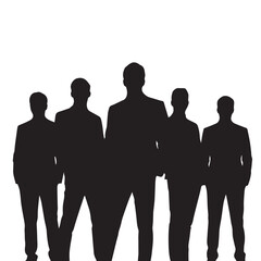 Vector silhouettes of men and women, depicting a group of standing business professionals in various poses, shown in black on a white background
