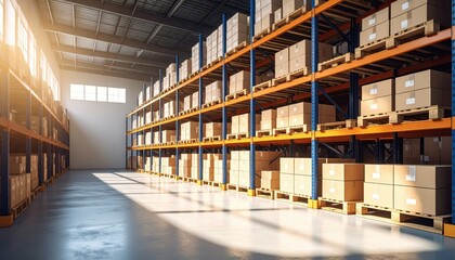 Obraz premium Sterile Warehouse Mezzanine with Stacked Pallets and Dramatic Shadows