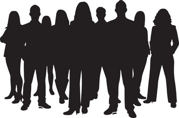 Vector silhouettes of men and women, depicting a group of standing business professionals in various poses, shown in black on a white background
