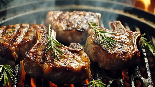 Juicy lamb chops with grill marks and fresh rosemary sprigs sizzling over open flame on a smoky barbecue grill.