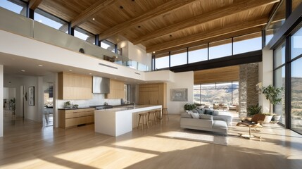Stunning open-concept living area featuring a minimalist kitchen and living room bathed in sunlight, showcasing sleek lines and neutral colors