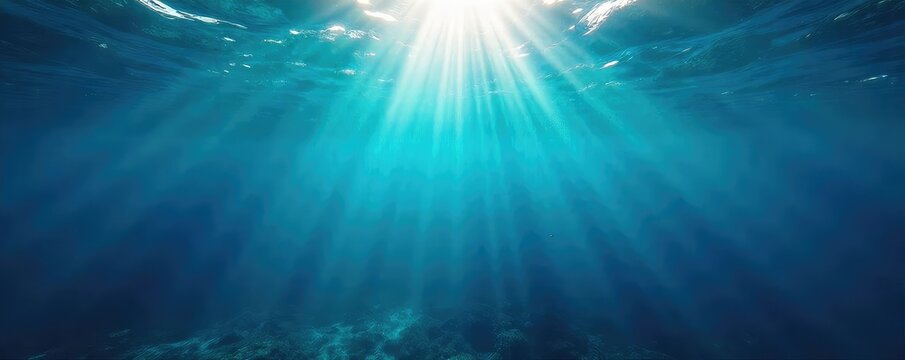 Deep, cerulean ocean stretches to the horizon, sunlight filtering through the surface, revealing underwater life and textures The scene evokes tranquility and the vastness of the sea , ripple, color