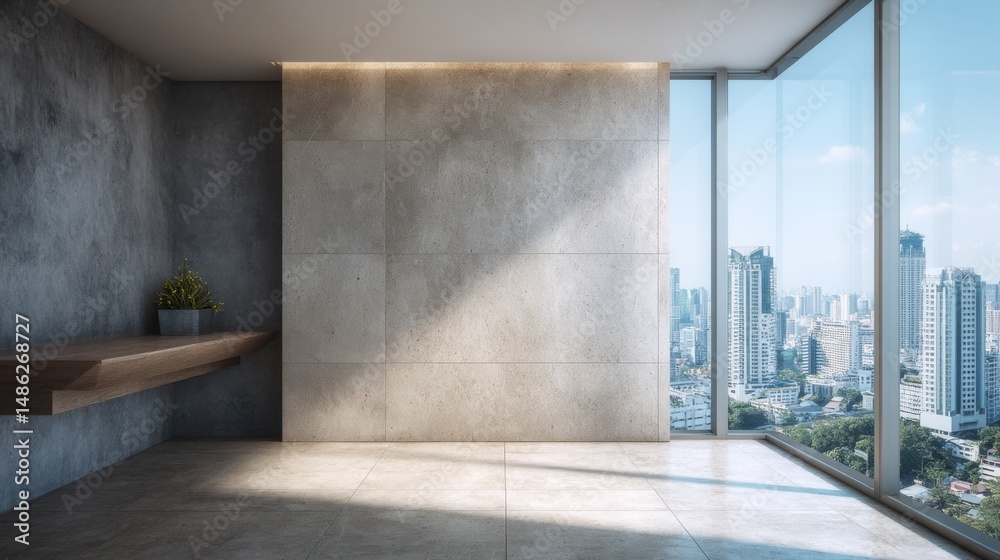 Poster wide-angle view of a minimalist concrete space featuring a blank white wall and tall windows. strong