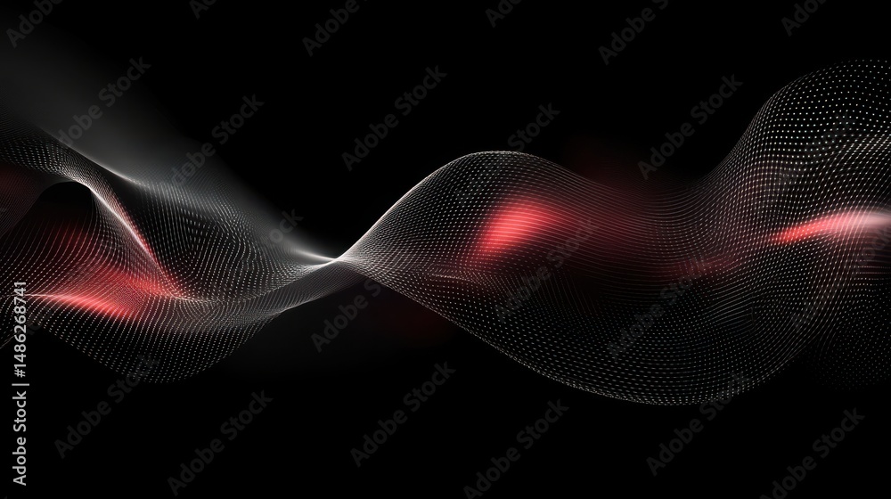 Poster abstract wave pattern with white dots and red light on a black background in a digital rendering