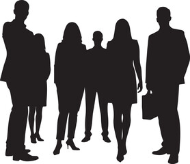 Vector silhouettes of men and women, depicting a group of standing business professionals in various poses, shown in black on a white background
