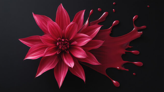 A vibrant red dahlia bloom rests gracefully beside a striking splash of matching fluid against a sleek dark background, showcasing artistic contrast and flow.