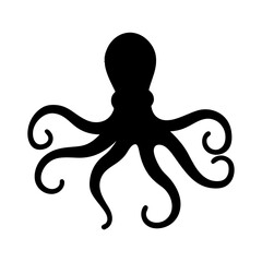 Black Silhouette of an Octopus with Curled Tentacles on a White Background