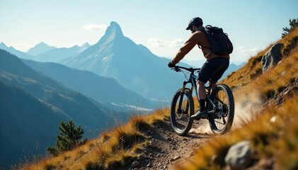 Fototapeta premium Mountain bike on rugged trail, scenic peak in background Epic adventure, off-road cycling , pedals, suspension, mountain bike
