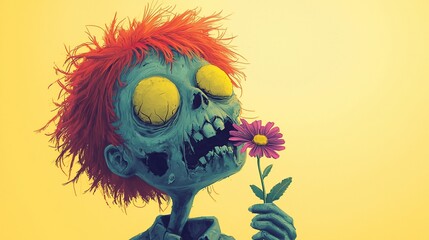 Zombie child smelling flower, pastel colors