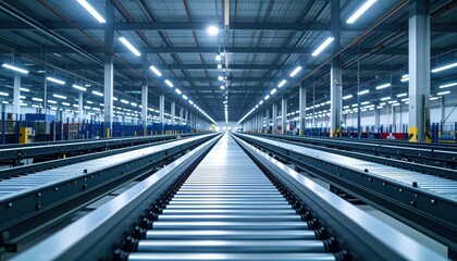 Vast Cargo Warehouse with Conveyor Belts Under Fluorescent Lights