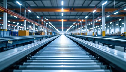 Vast Cargo Warehouse with Conveyor Belts Under Fluorescent Lights