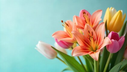 Naklejka premium Vibrant Easter lilies and tulips in a spring bouquet , arrangement, garden, springtime