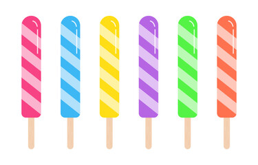 Popsicle sticks collection isolated on white background.Set of colorful ice cream in pink, blue, yellow, purple, green, orang..Vector graphic illustration.Summer element. 