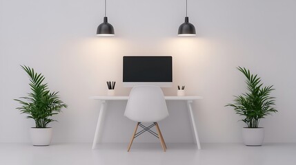 Minimalist Workspace: Clean White Desk Setup with Potted Plants and Modern Lighting for Enhanced Productivity and Serenity.