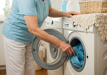 Senior woman doing laundry in modern washing machine home appliance