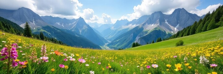 Serene alpine meadow nestled high in the mountains, wildflowers in bloom, stunning mountain backdrop Perfect for travel, nature, and outdoor adventure themes , view, summer, flowers