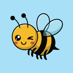 Adorable kawaii bee cartoon winking with red cheeks, flying on light blue background. Cute yellow insect with black stripes and blue-tinted wings, perfect for kids art