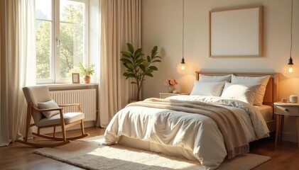 Serene maternity bedroom with soft lighting, plush bedding, and a rocking chair, creating a peaceful sanctuary for rest and relaxation before the arrival , house, sleep