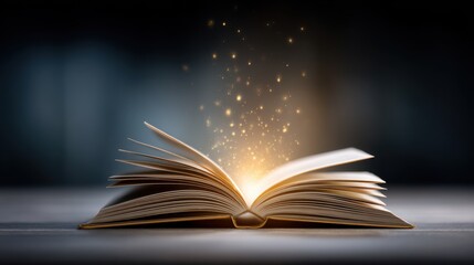 Fototapeta premium Enchanting book opening with magical glow dimly lit room digital art mystical atmosphere close-up view imagination unleashed