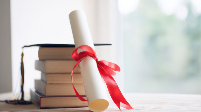 Celebrating academic achievement with a diploma scroll, graduation cap, and books on a sunlit tabletop
