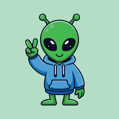 Cute cartoon alien in a blue hoodie making a peace sign. Minimalist green character with big eyes on a mint background. Fun kawaii design perfect for kids and stickers.
