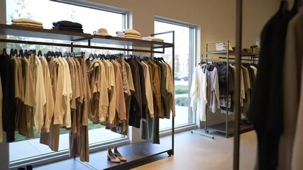 Clothing racks displaying neutral toned garments in a modern retail store setting indoors